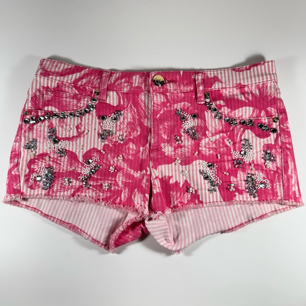 Rare Juicy Couture Pink Cut Off Embellished Denim Shorts Women's 27 Beaded